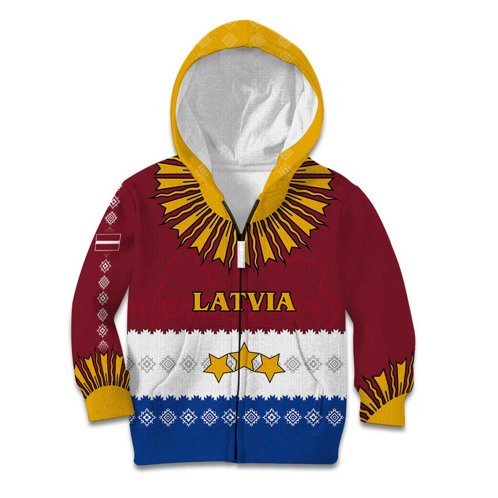 Latvia Kid Hoodie with Three Stars Design and Traditional Pattern Details