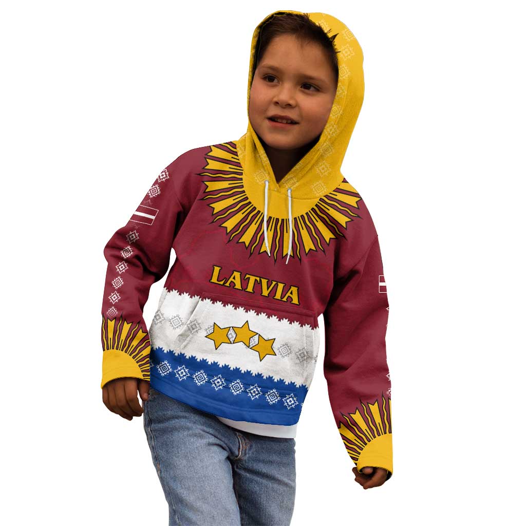 Latvia Kid Hoodie with Three Stars Design and Traditional Pattern Details