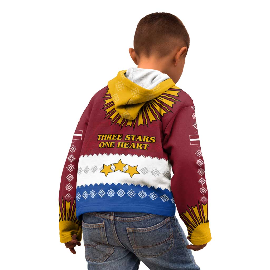 Latvia Kid Hoodie with Three Stars Design and Traditional Pattern Details