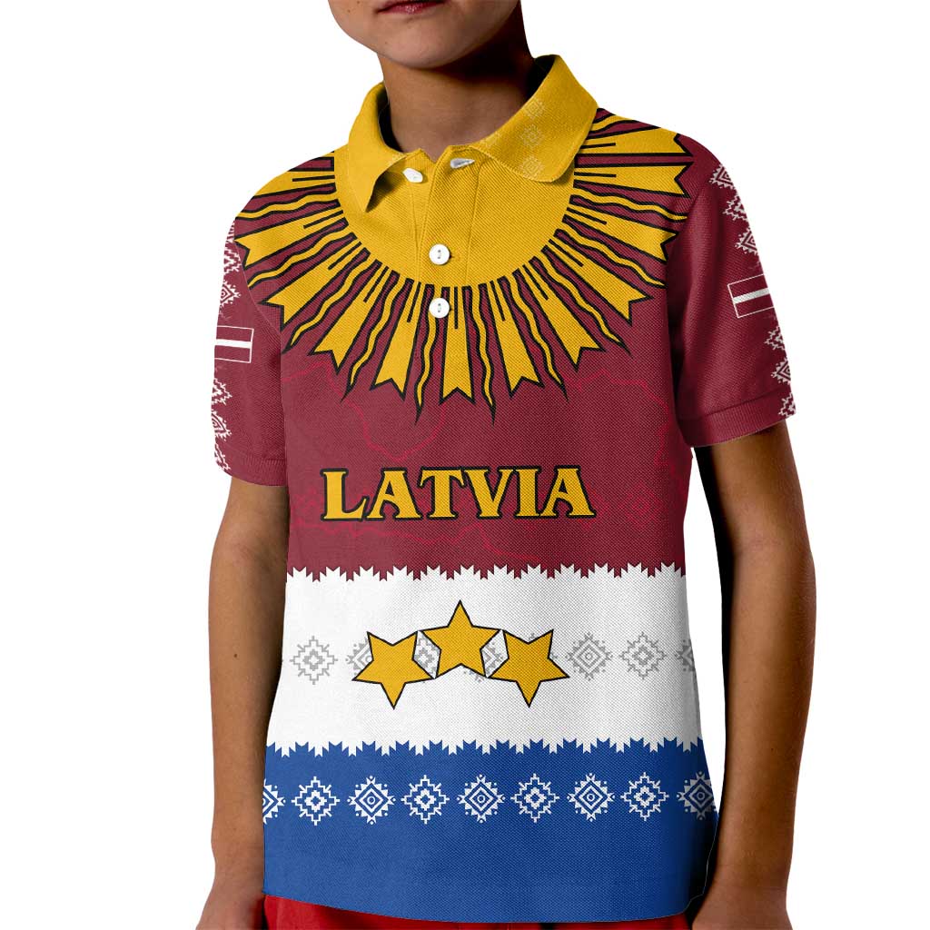 Latvia Kid Polo Shirt with Three Stars Design and Traditional Pattern Details
