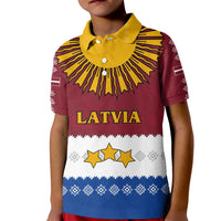 Latvia Kid Polo Shirt with Three Stars Design and Traditional Pattern Details