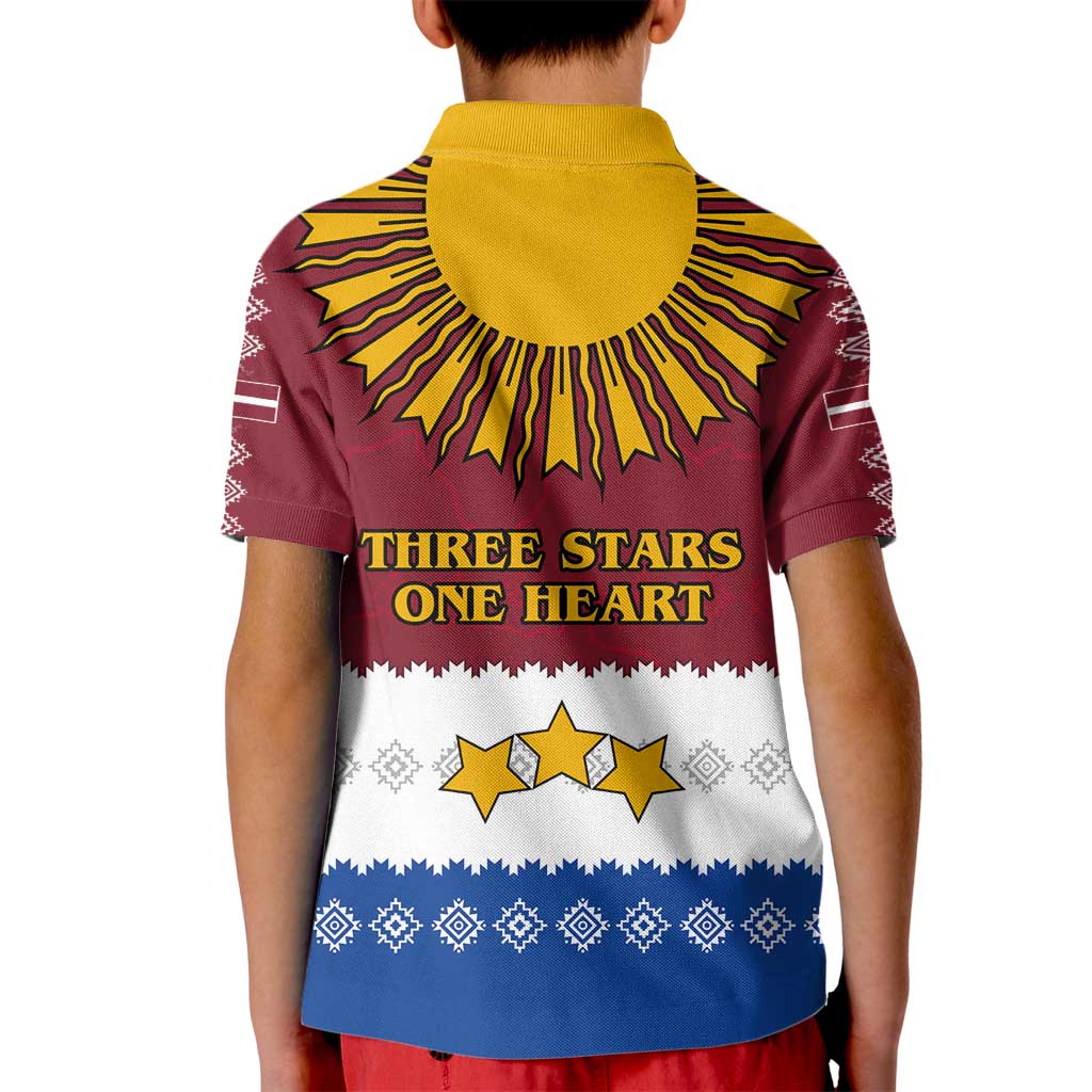 Latvia Kid Polo Shirt with Three Stars Design and Traditional Pattern Details