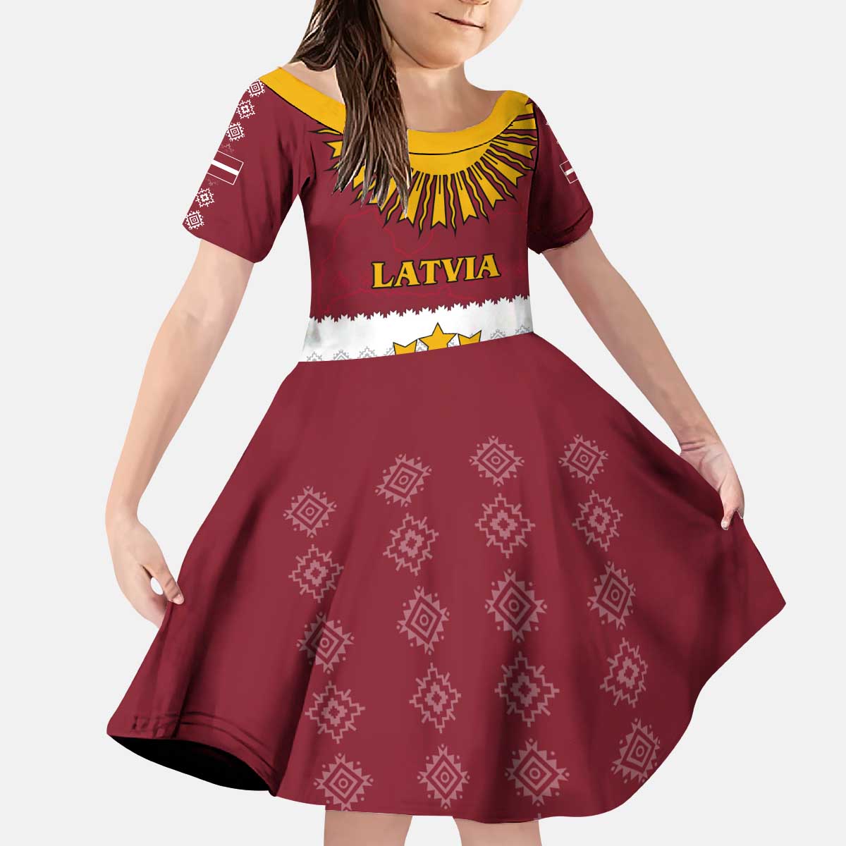 Latvia Kid Short Sleeve Dress with Three Stars Design and Traditional Pattern Details