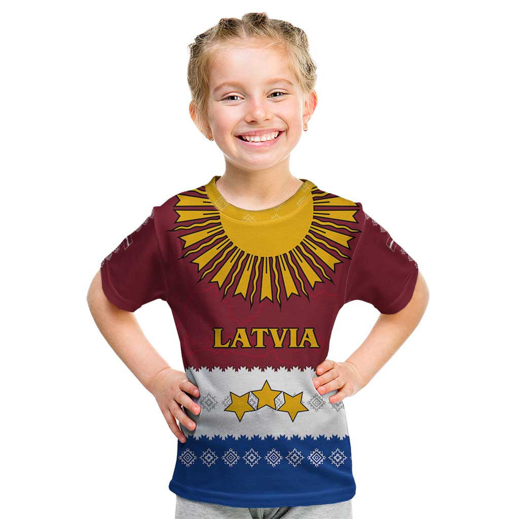 Latvia Kid T Shirt with Three Stars Design and Traditional Pattern Details