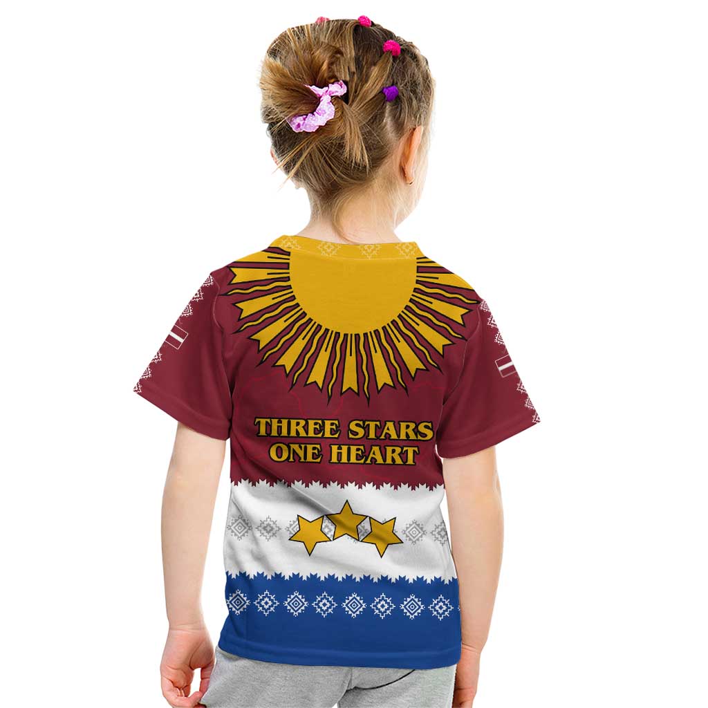 Latvia Kid T Shirt with Three Stars Design and Traditional Pattern Details