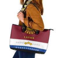 Latvia Leather Tote Bag with Three Stars Design and Traditional Pattern Details