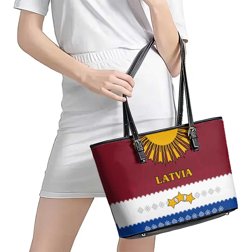 Latvia Leather Tote Bag with Three Stars Design and Traditional Pattern Details