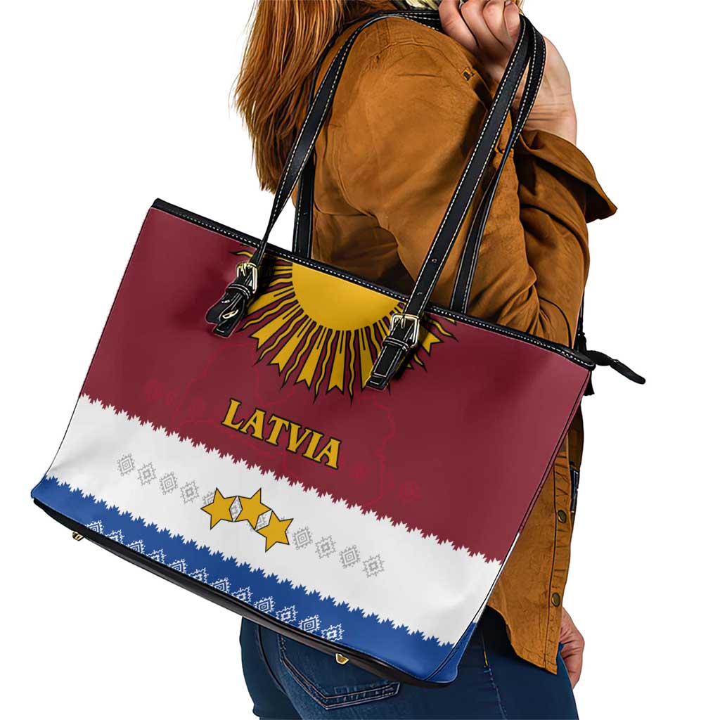 Latvia Leather Tote Bag with Three Stars Design and Traditional Pattern Details