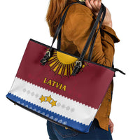 Latvia Leather Tote Bag with Three Stars Design and Traditional Pattern Details