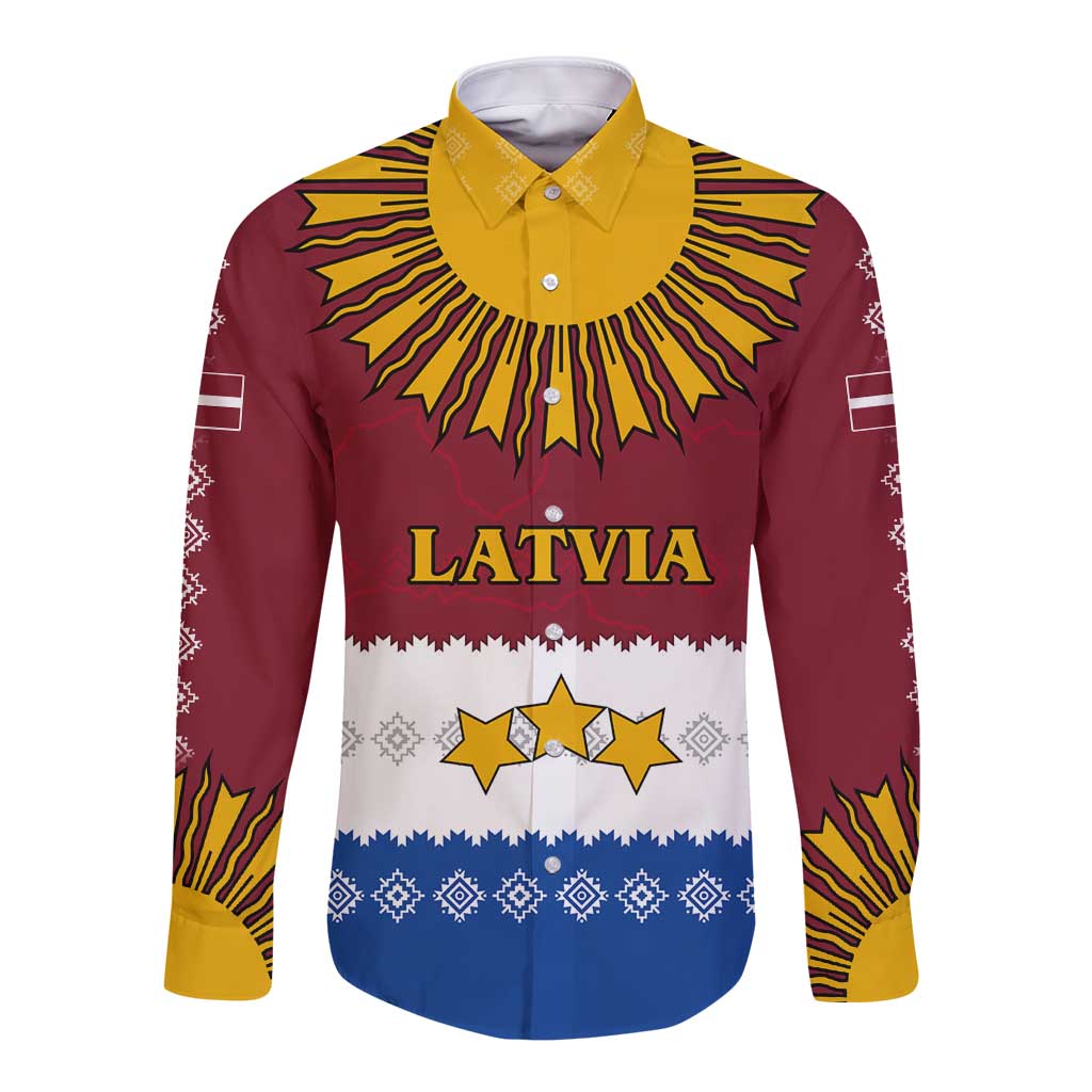Latvia Long Sleeve Button Shirt with Three Stars Design and Traditional Pattern Details