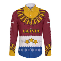 Latvia Long Sleeve Button Shirt with Three Stars Design and Traditional Pattern Details