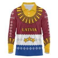 Latvia Long Sleeve Polo Shirt with Three Stars Design and Traditional Pattern Details