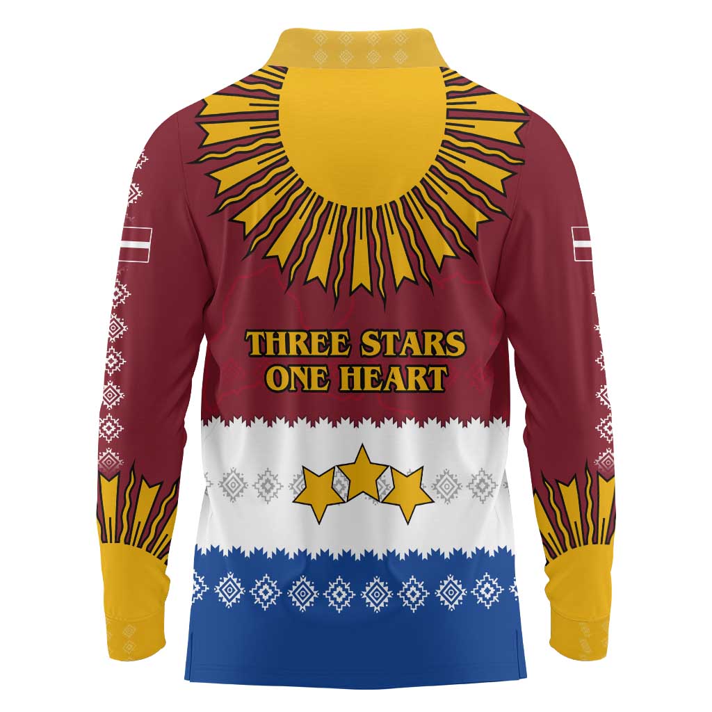 Latvia Long Sleeve Polo Shirt with Three Stars Design and Traditional Pattern Details