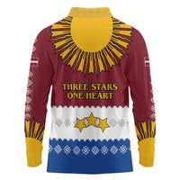 Latvia Long Sleeve Polo Shirt with Three Stars Design and Traditional Pattern Details