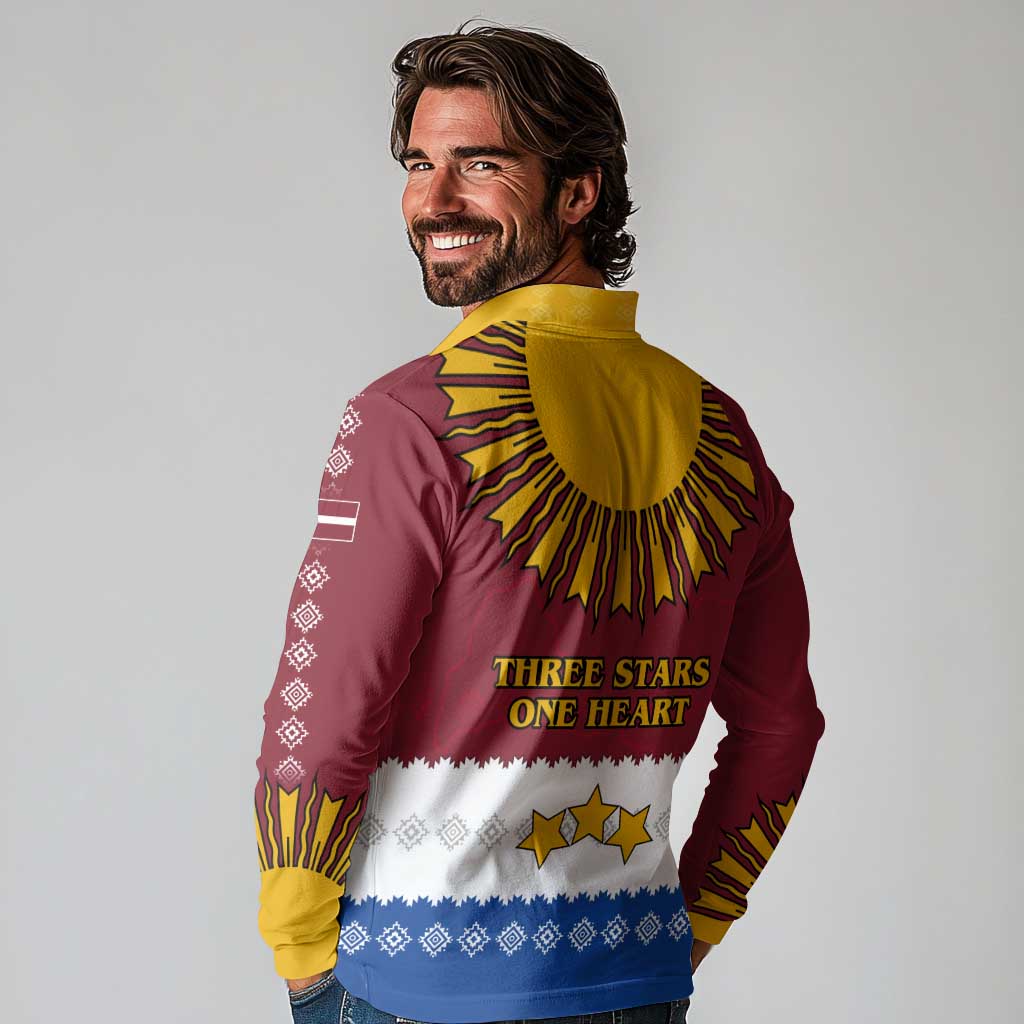 Latvia Long Sleeve Polo Shirt with Three Stars Design and Traditional Pattern Details
