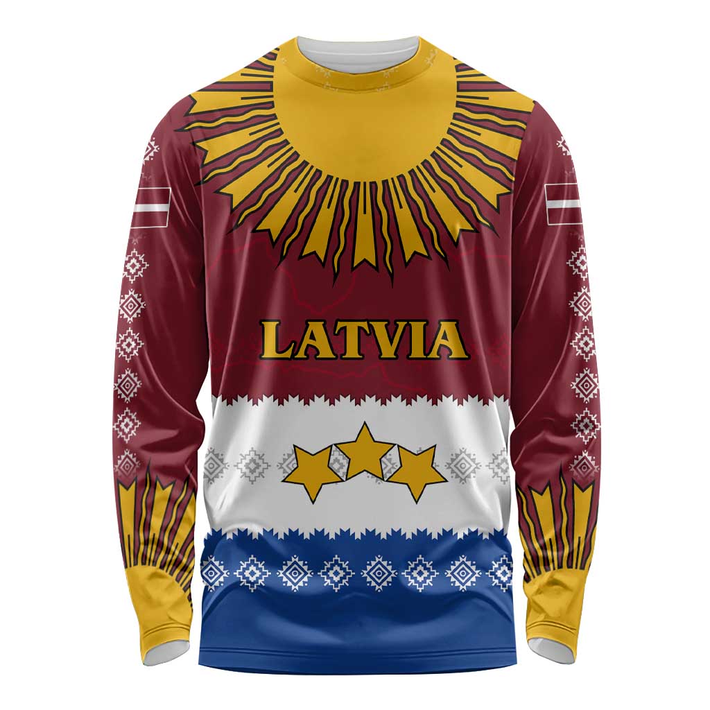 Latvia Long Sleeve Shirt with Three Stars Design and Traditional Pattern Details