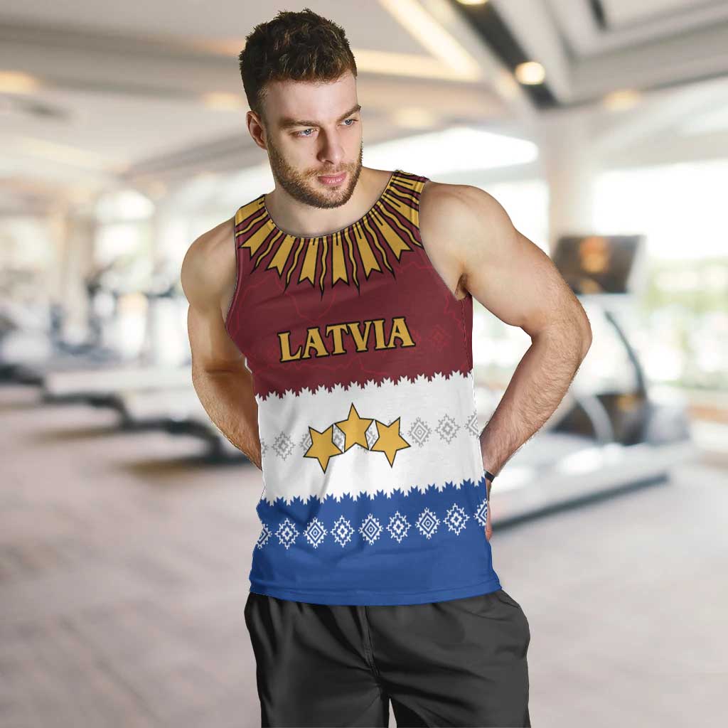 Latvia Men Tank Top with Three Stars Design and Traditional Pattern Details