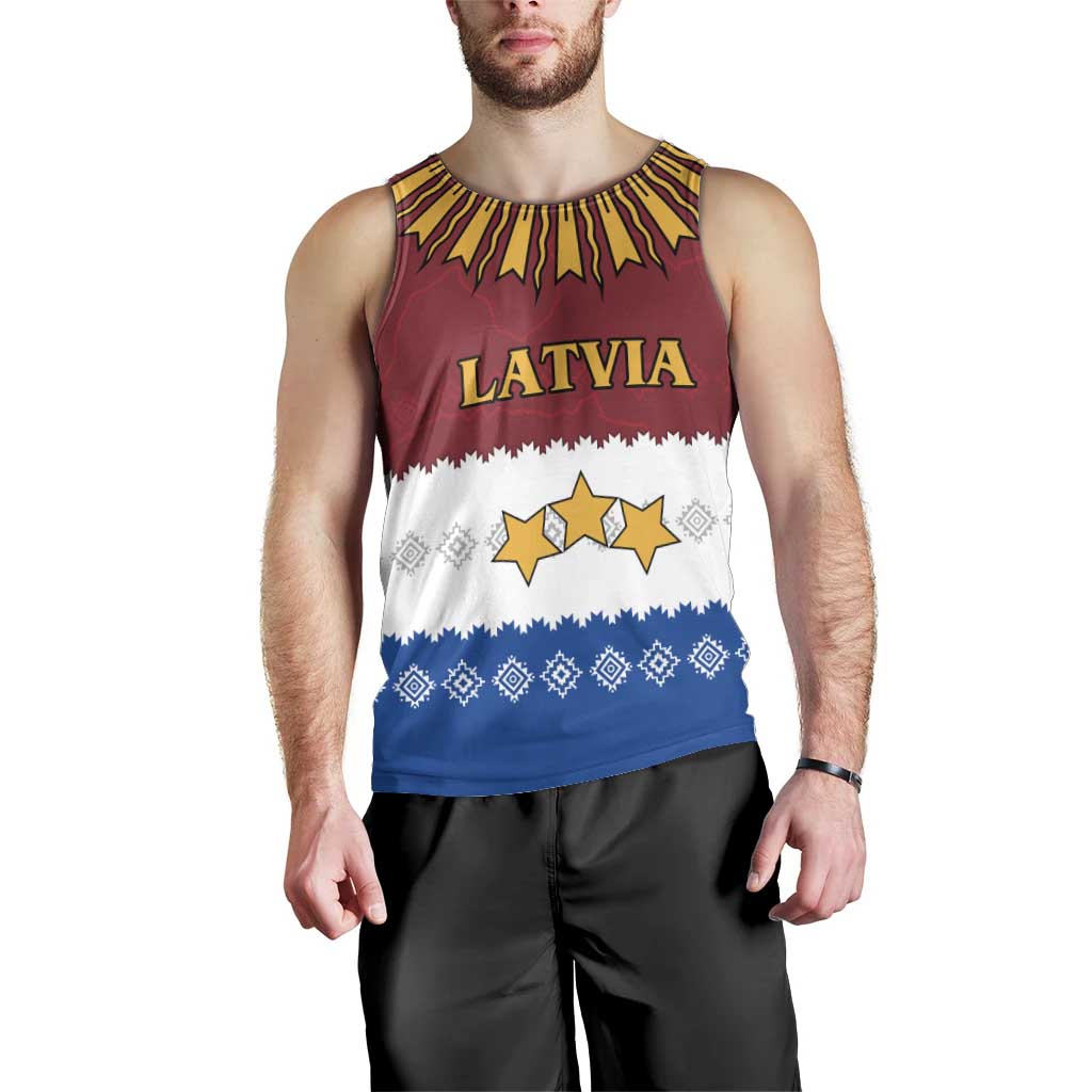 Latvia Men Tank Top with Three Stars Design and Traditional Pattern Details
