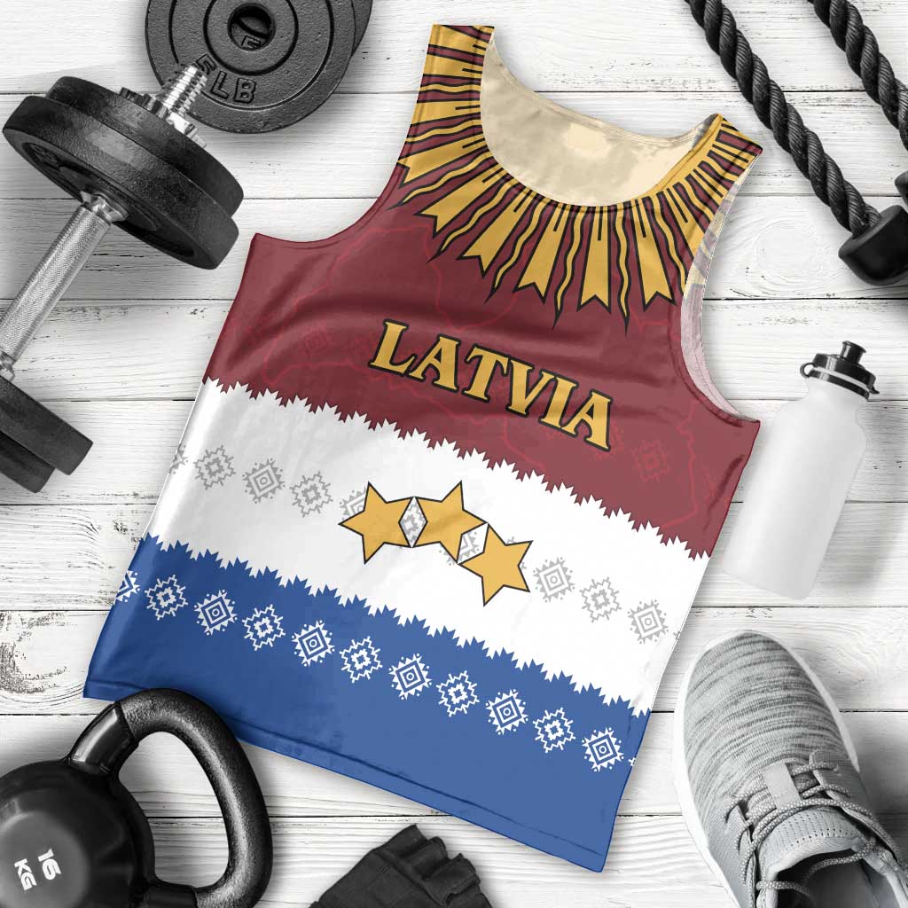 Latvia Men Tank Top with Three Stars Design and Traditional Pattern Details