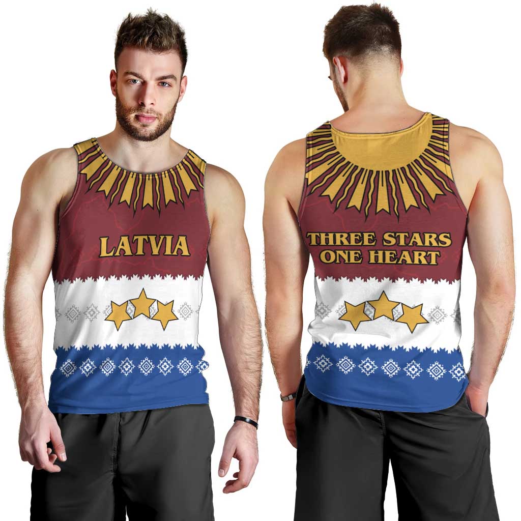 Latvia Men Tank Top with Three Stars Design and Traditional Pattern Details