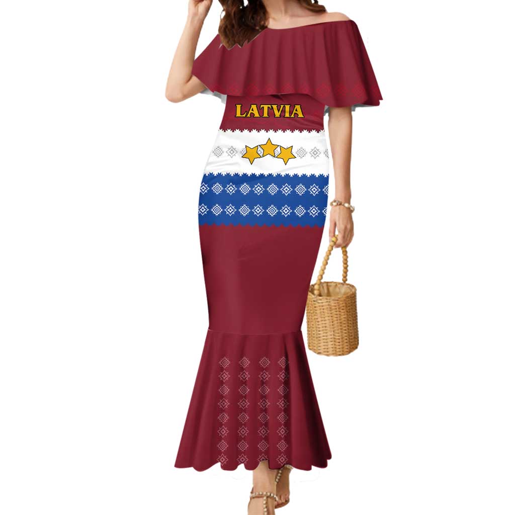 Latvia Mermaid Dress with Three Stars Design and Traditional Pattern Details