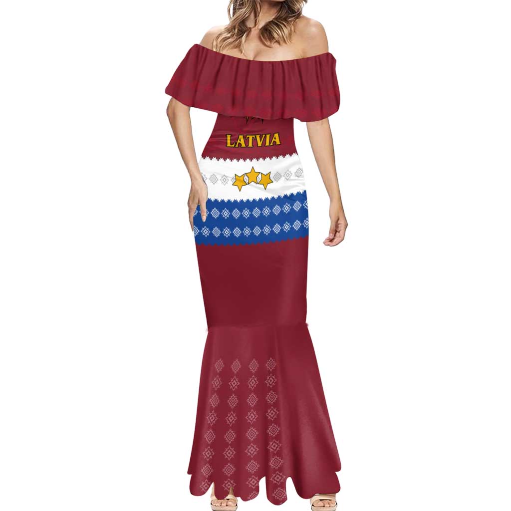 Latvia Mermaid Dress with Three Stars Design and Traditional Pattern Details