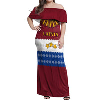 Latvia Off Shoulder Maxi Dress with Three Stars Design and Traditional Pattern Details
