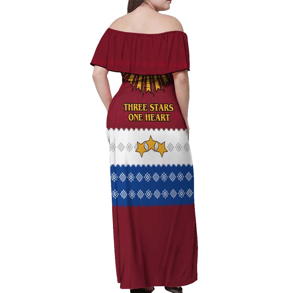 Latvia Off Shoulder Maxi Dress with Three Stars Design and Traditional Pattern Details