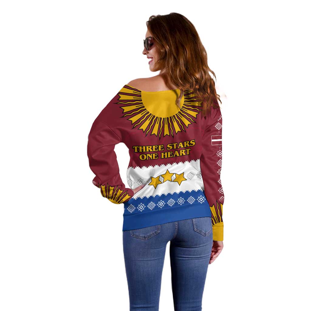 Latvia Off Shoulder Sweater with Three Stars Design and Traditional Pattern Details