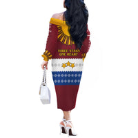 Latvia Off The Shoulder Long Sleeve Dress with Three Stars Design and Traditional Pattern Details