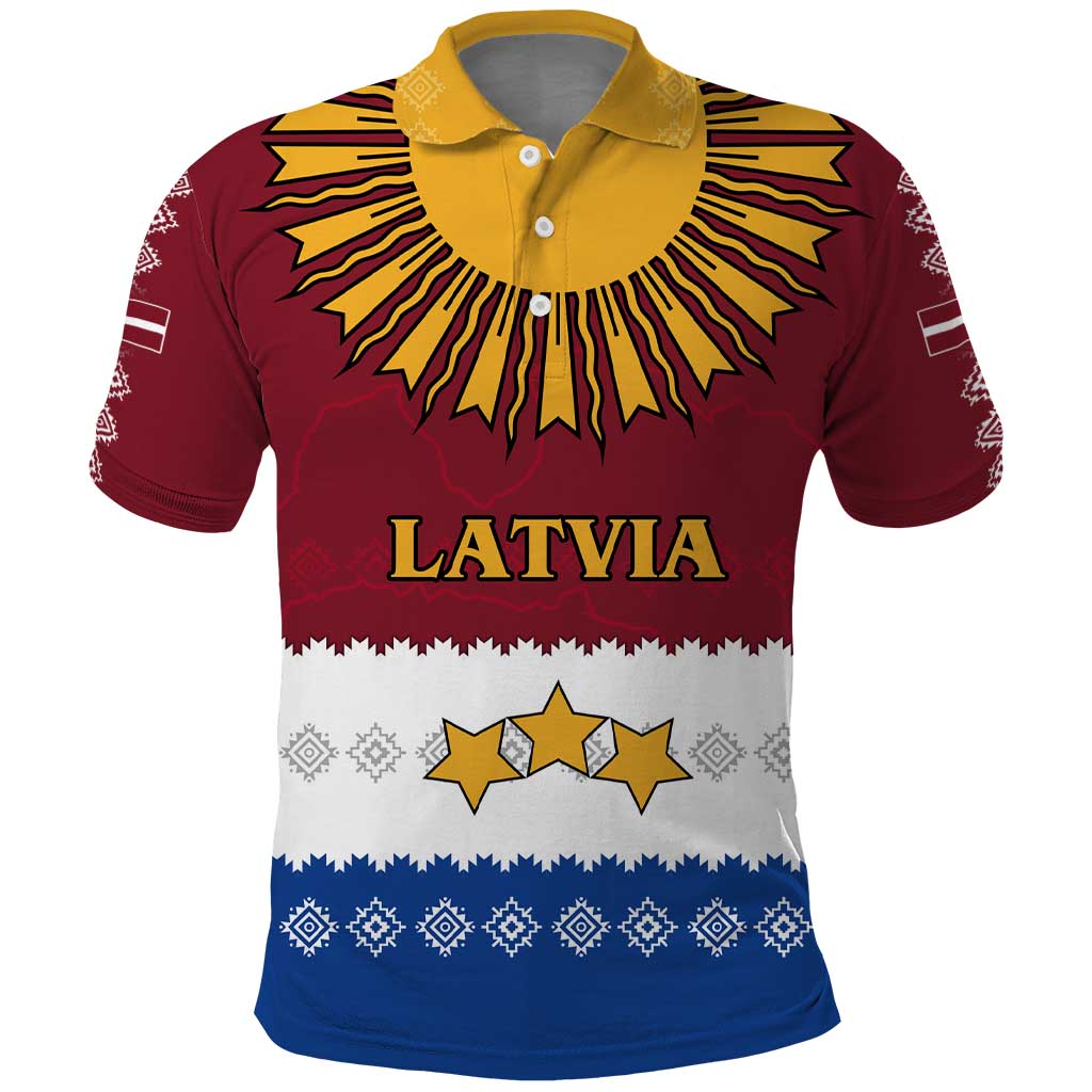 Latvia Polo Shirt with Three Stars Design and Traditional Pattern Details