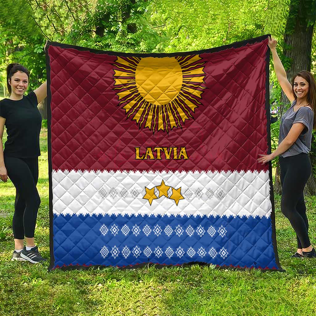 Latvia Quilt with Three Stars Design and Traditional Pattern Details