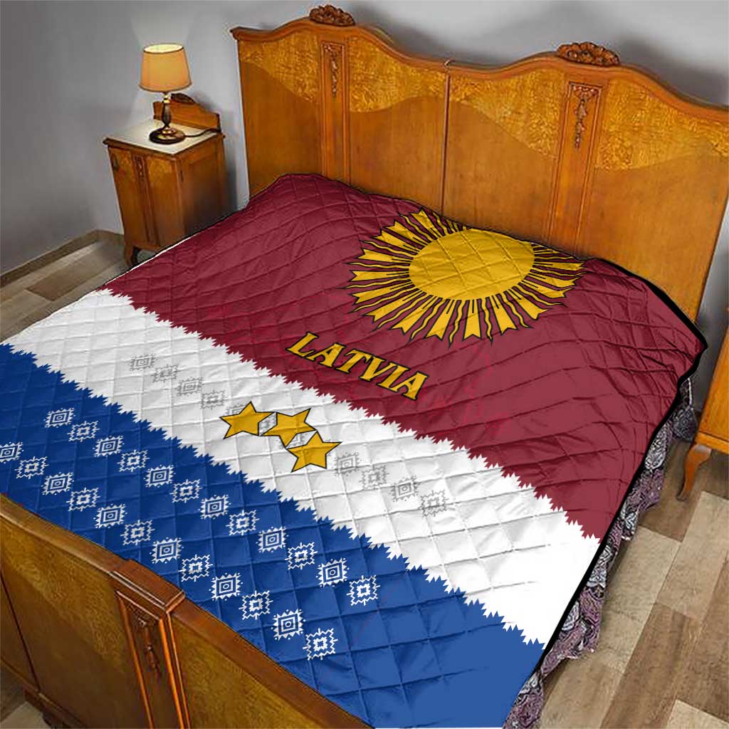 Latvia Quilt with Three Stars Design and Traditional Pattern Details