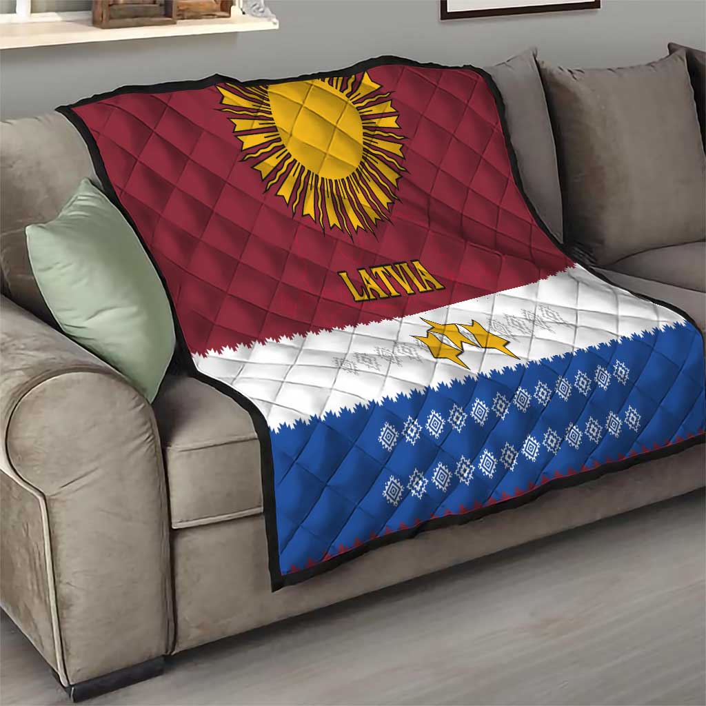 Latvia Quilt with Three Stars Design and Traditional Pattern Details