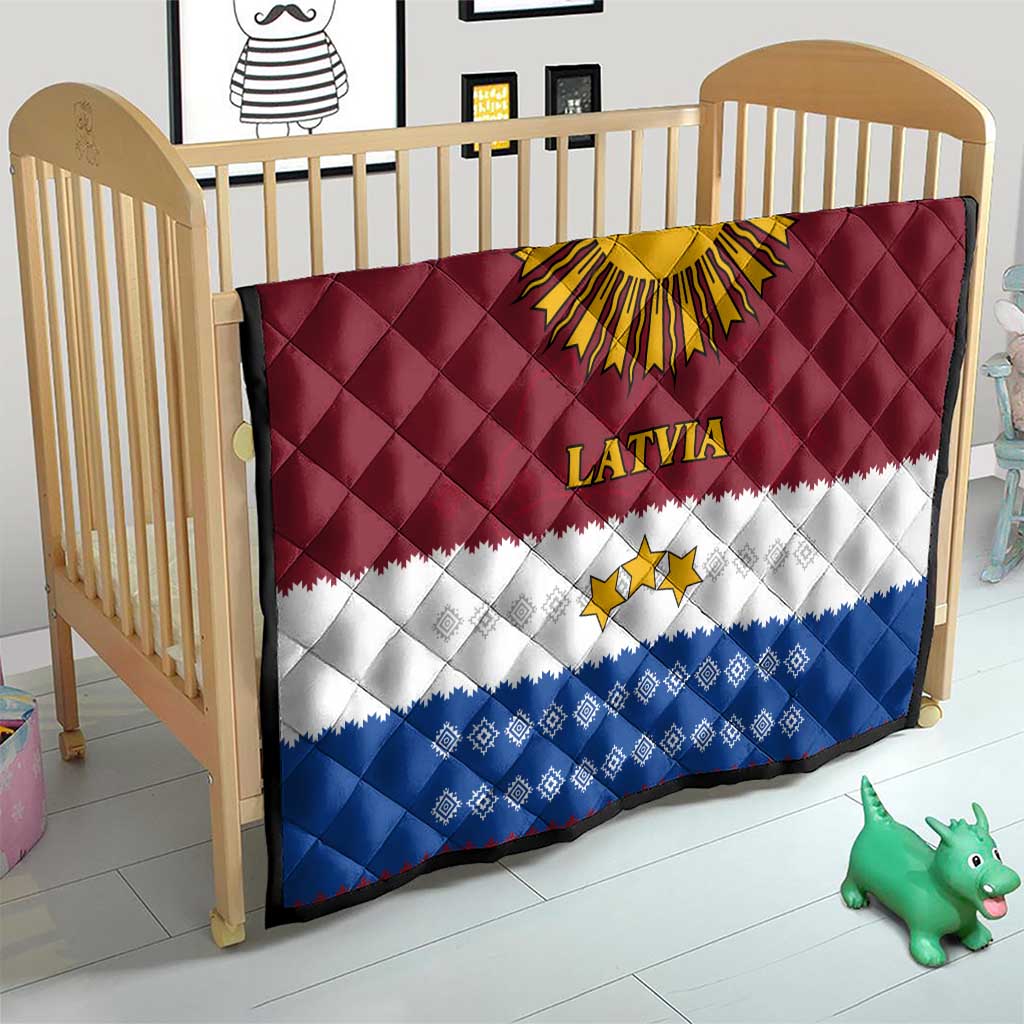 Latvia Quilt with Three Stars Design and Traditional Pattern Details