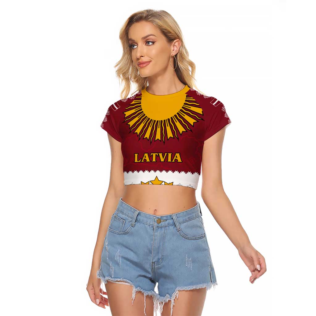 Latvia Raglan Cropped T Shirt with Three Stars Design and Traditional Pattern Details