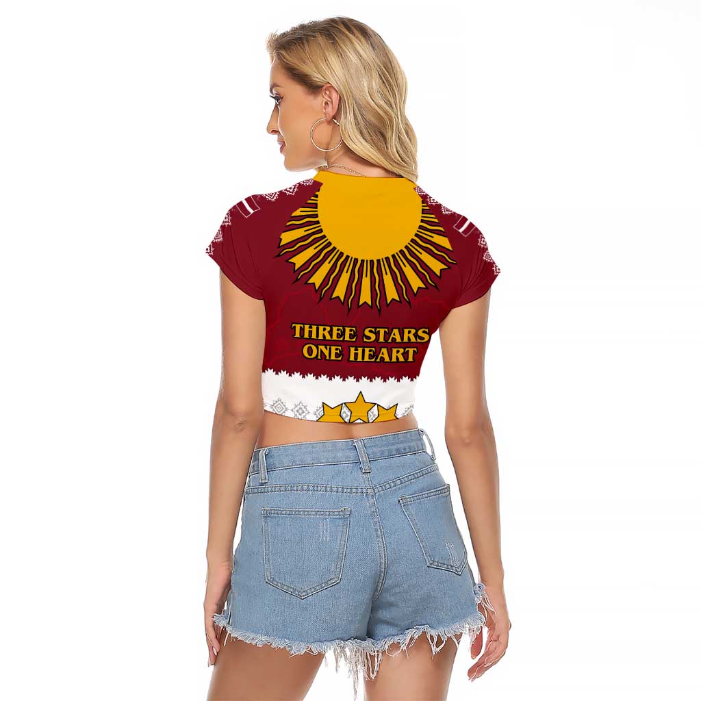 Latvia Raglan Cropped T Shirt with Three Stars Design and Traditional Pattern Details