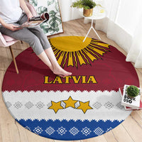 Latvia Round Carpet with Three Stars Design and Traditional Pattern Details