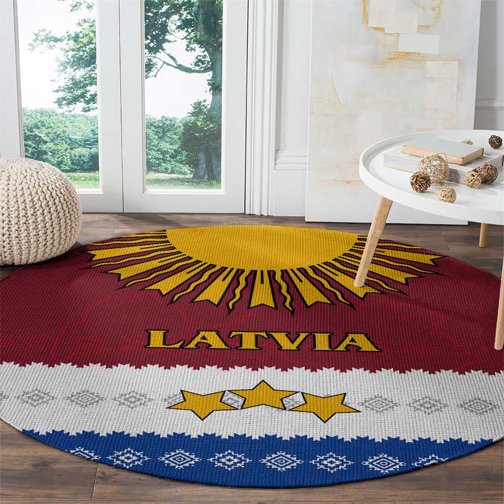 Latvia Round Carpet with Three Stars Design and Traditional Pattern Details