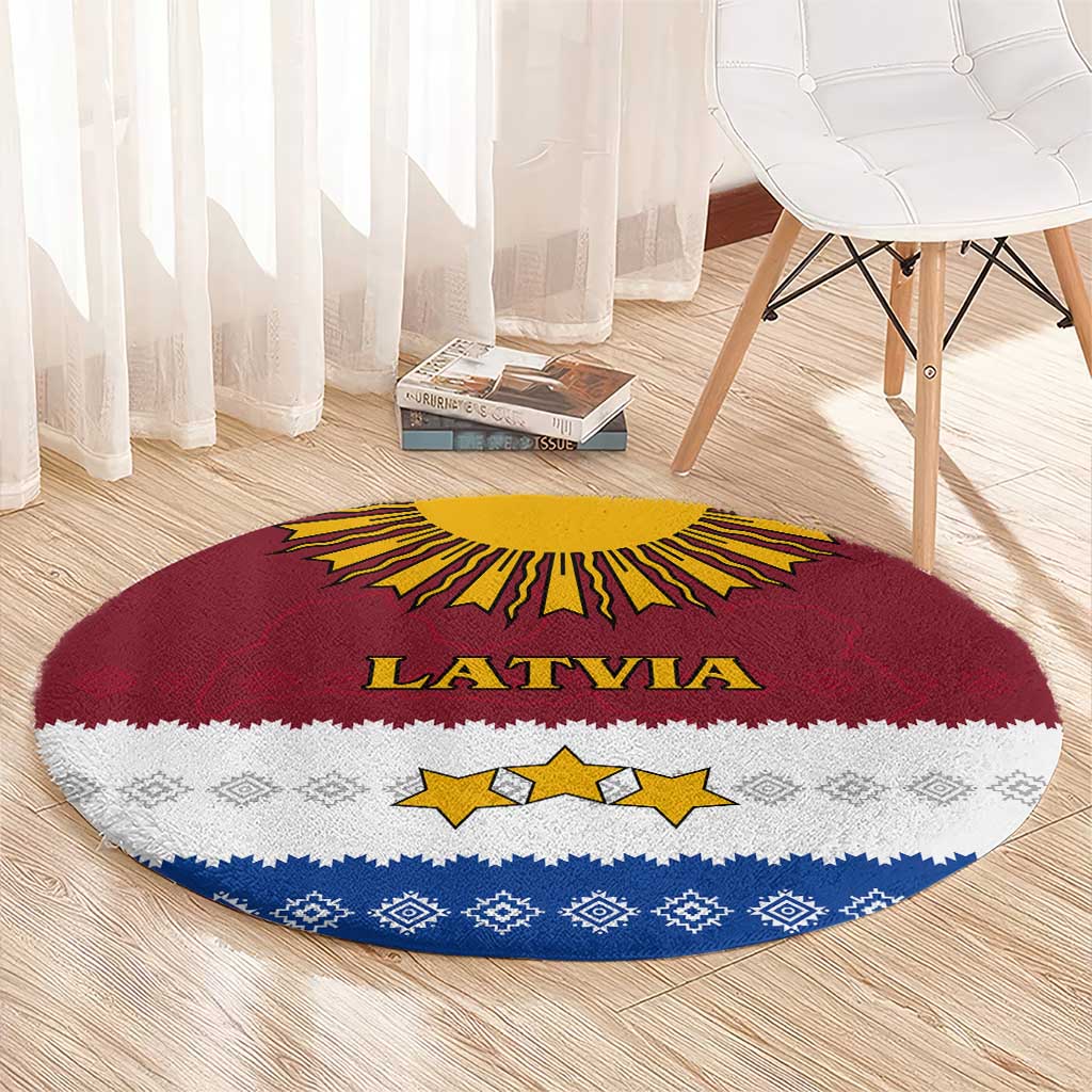 Latvia Round Carpet with Three Stars Design and Traditional Pattern Details