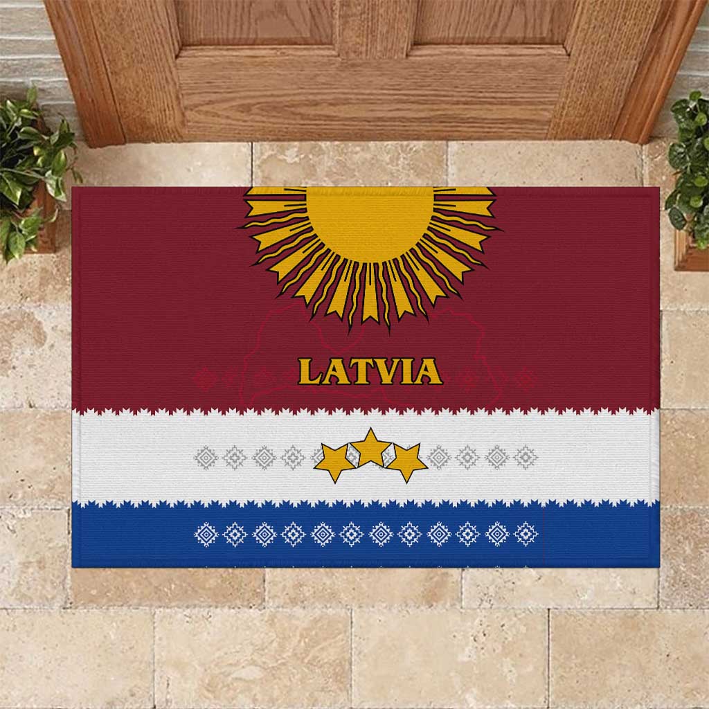 Latvia Rubber Doormat with Three Stars Design and Traditional Pattern Details