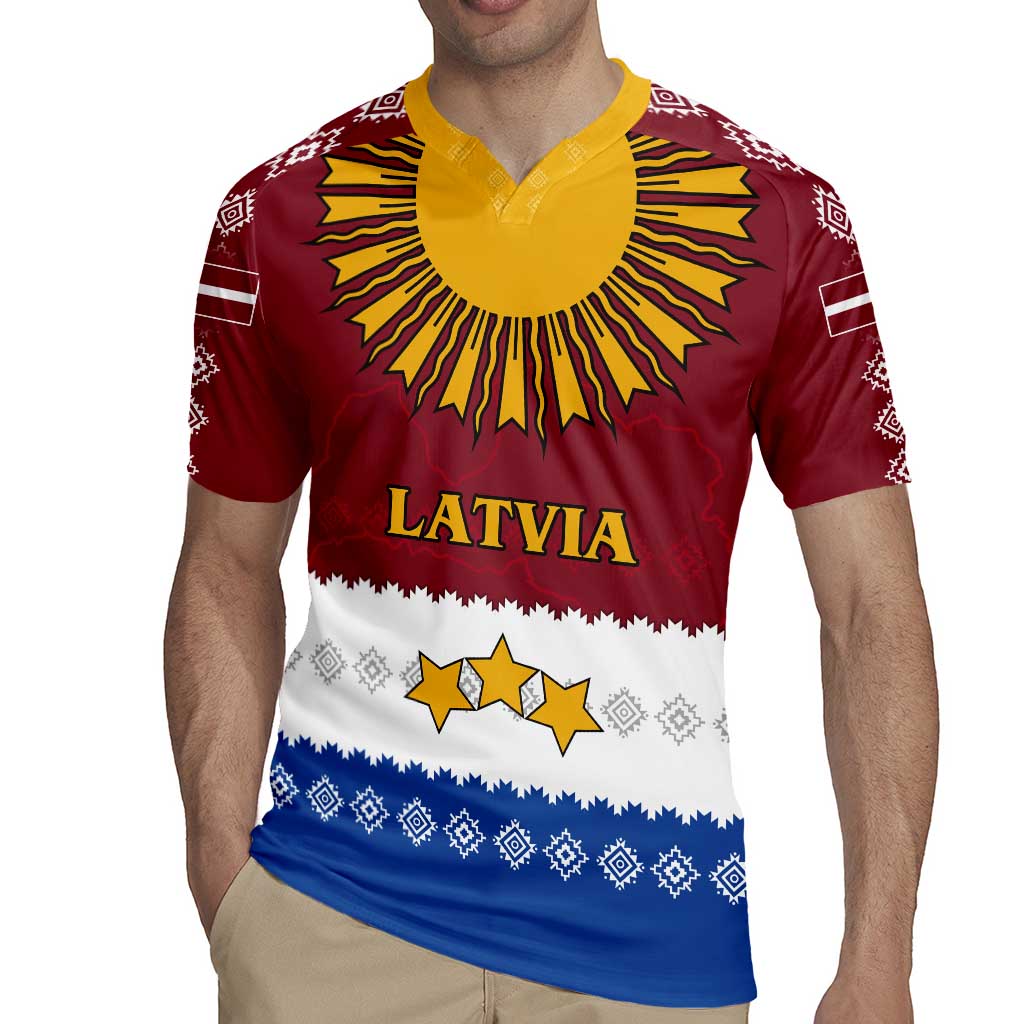 Latvia Rugby Jersey with Three Stars Design and Traditional Pattern Details