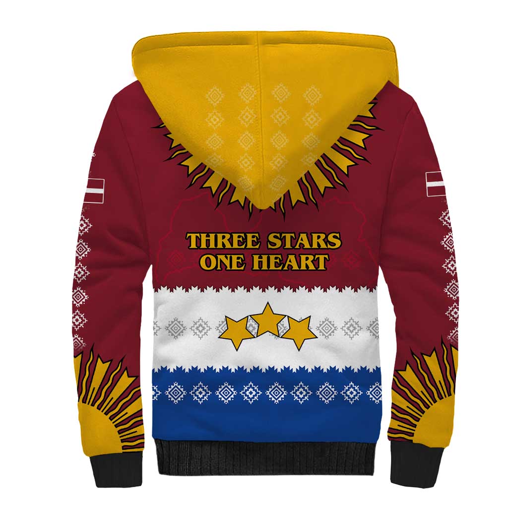 Latvia Sherpa Hoodie with Three Stars Design and Traditional Pattern Details