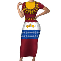 Latvia Short Sleeve Bodycon Dress with Three Stars Design and Traditional Pattern Details