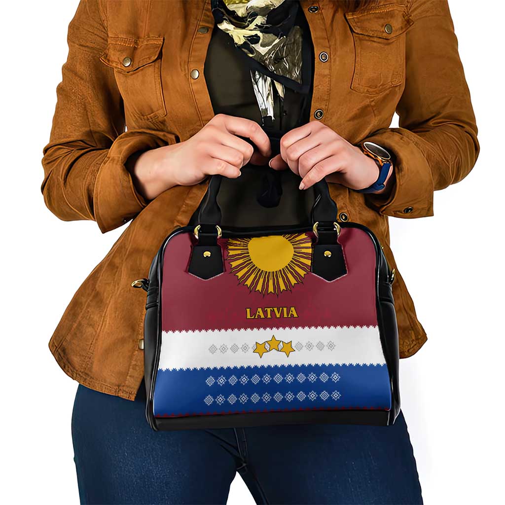 Latvia Shoulder Handbag with Three Stars Design and Traditional Pattern Details