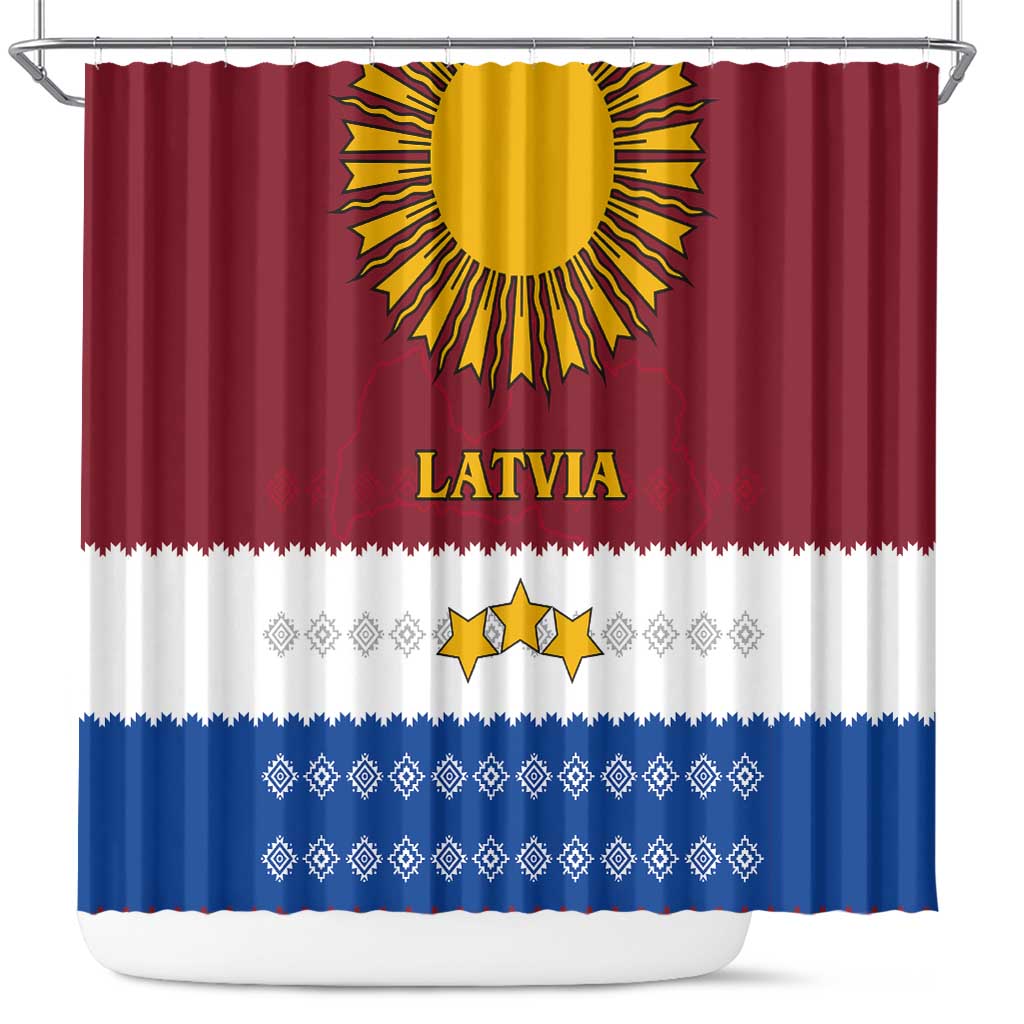 Latvia Shower Curtain with Three Stars Design and Traditional Pattern Details