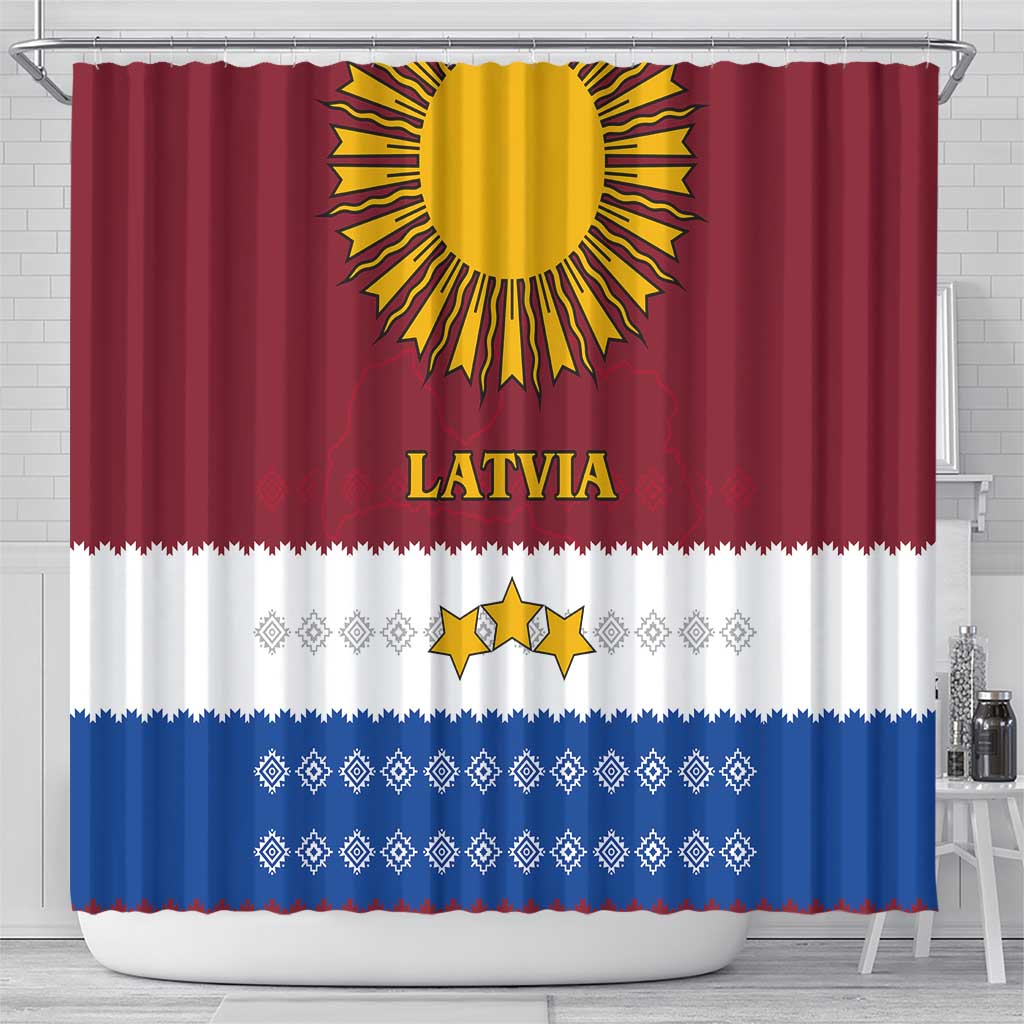Latvia Shower Curtain with Three Stars Design and Traditional Pattern Details