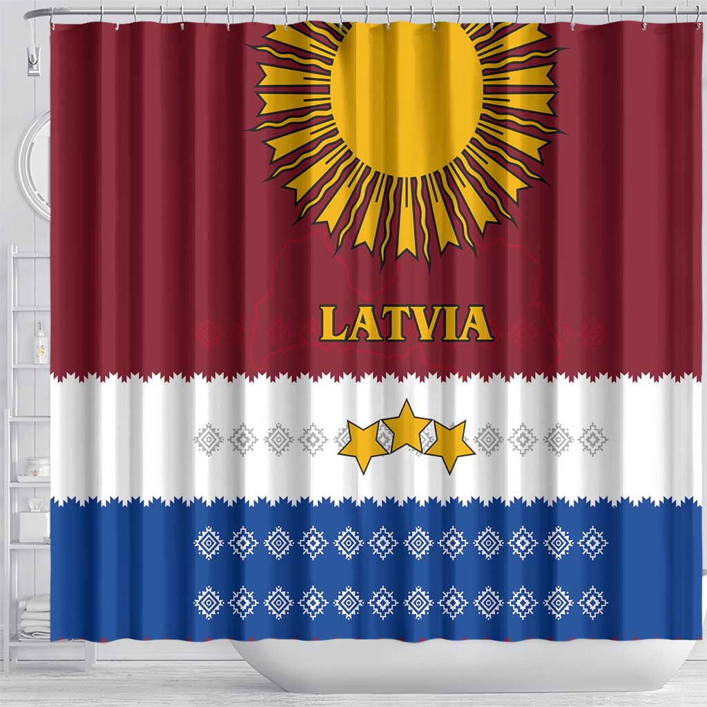 Latvia Shower Curtain with Three Stars Design and Traditional Pattern Details