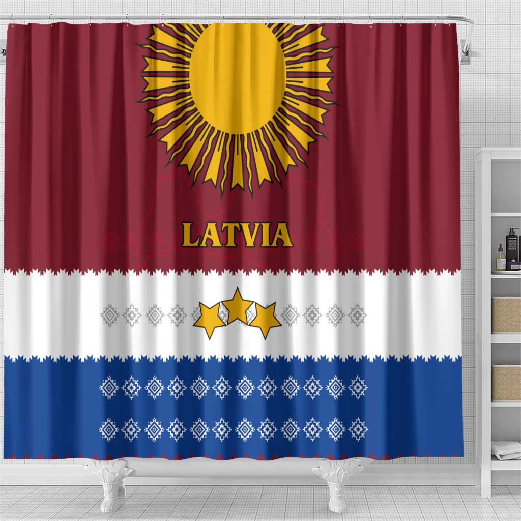 Latvia Shower Curtain with Three Stars Design and Traditional Pattern Details