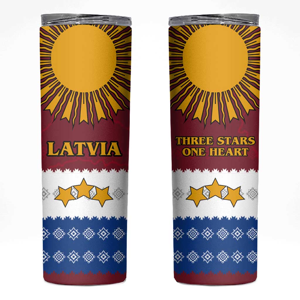 Latvia Skinny Tumbler with Three Stars Design and Traditional Pattern Details